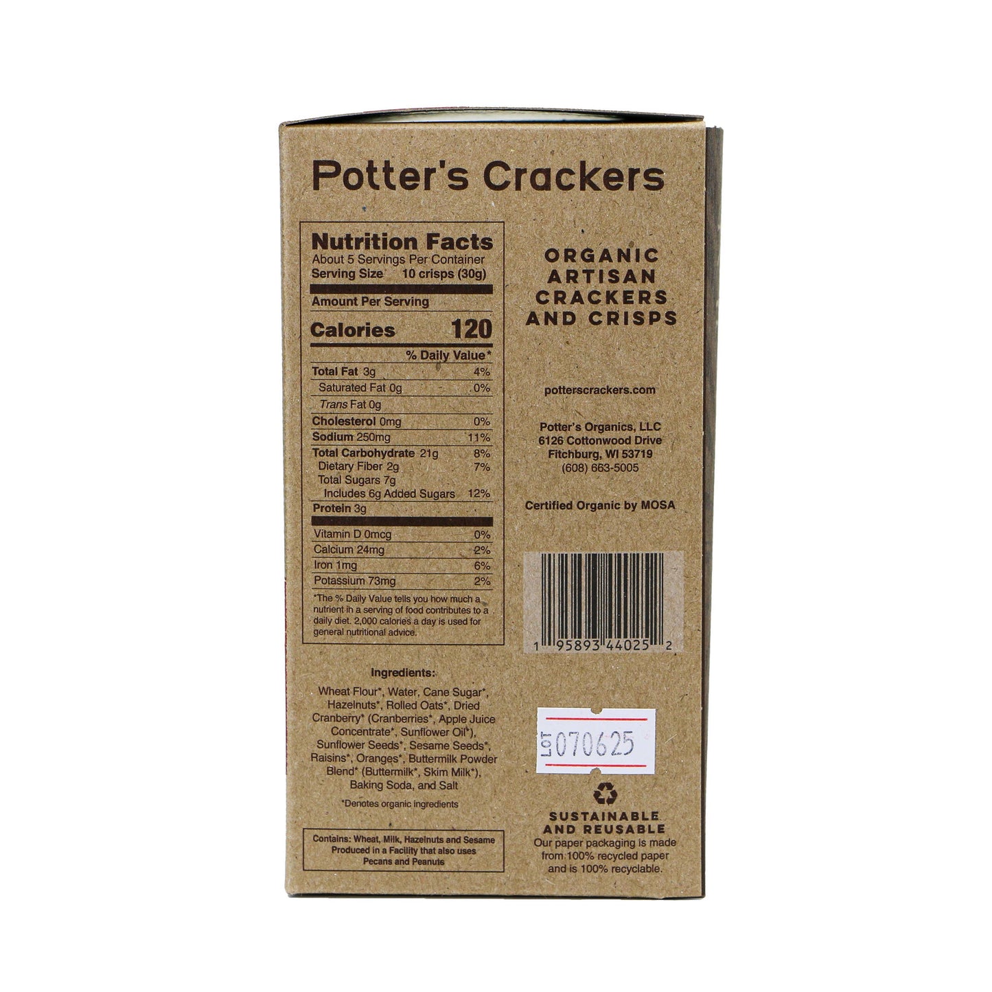 Potter's Crackers Organic Cranberry Hazelnut Crisps